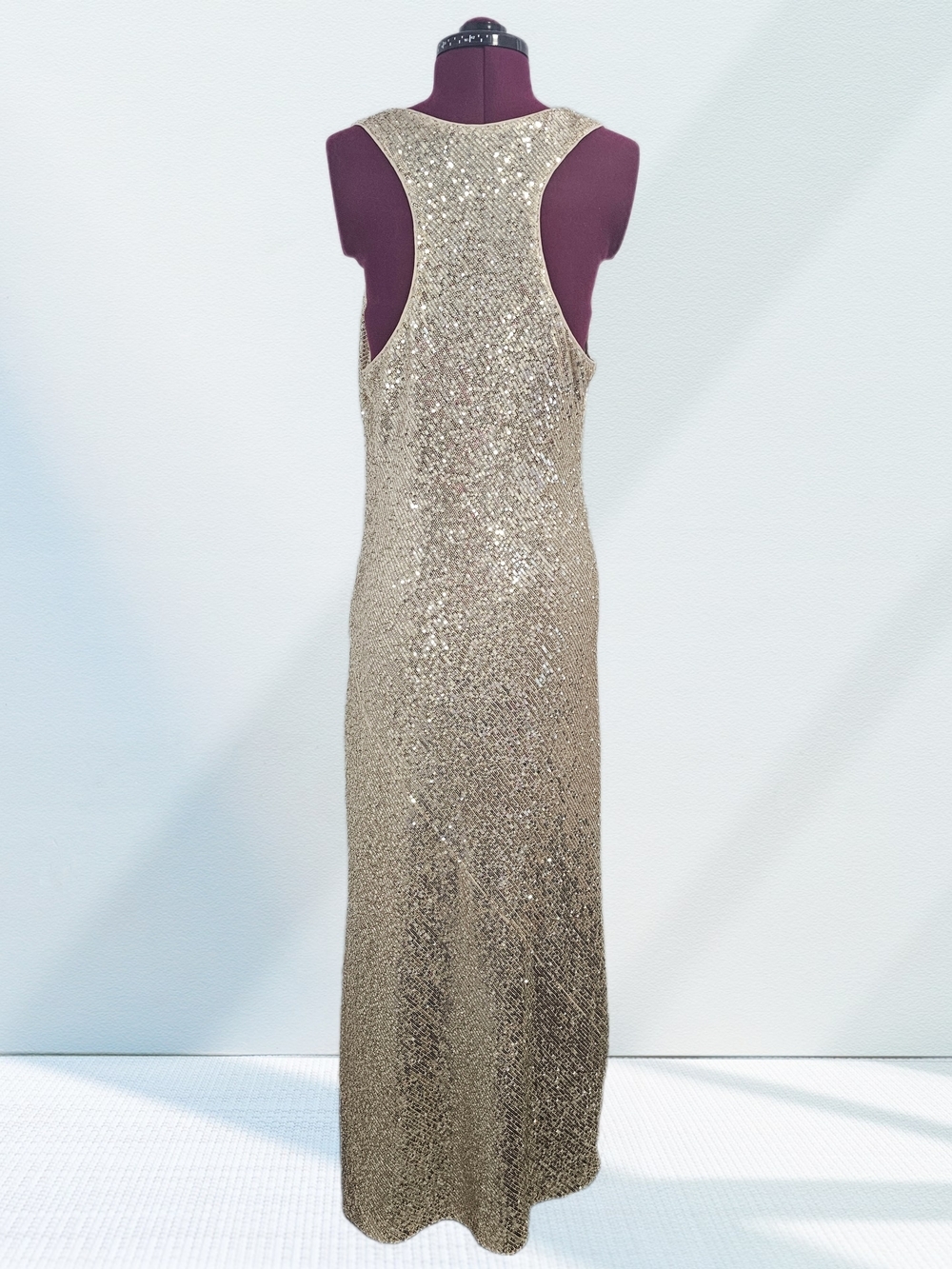 Gold Sequin Scoop Neck Sleeveless Long Gown Dress Formal Party Wedding Prom EUC - Picture 11 of 16